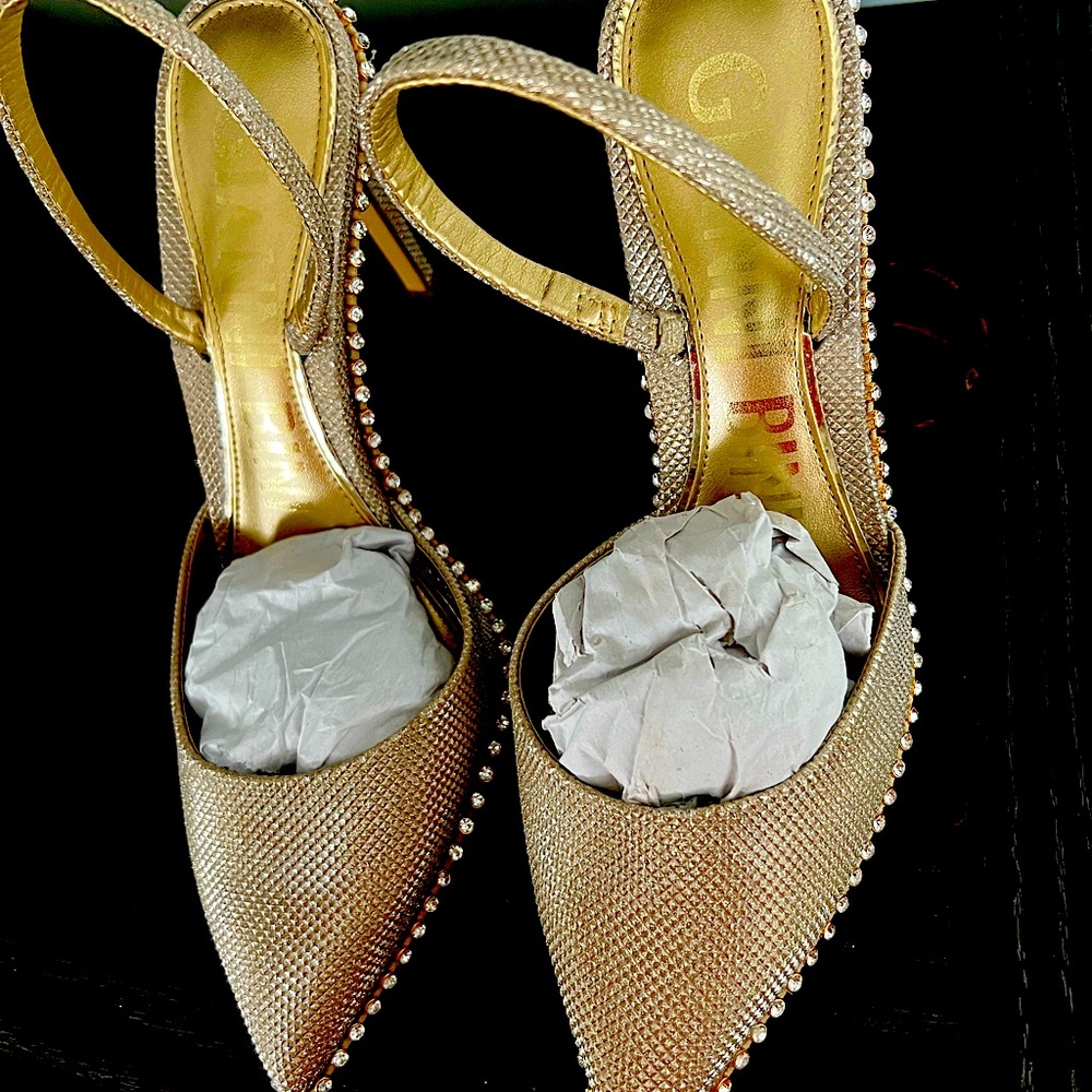 Sand Gold Gianni Bini Sandler heel, with strap and rhinestones around the shoe.